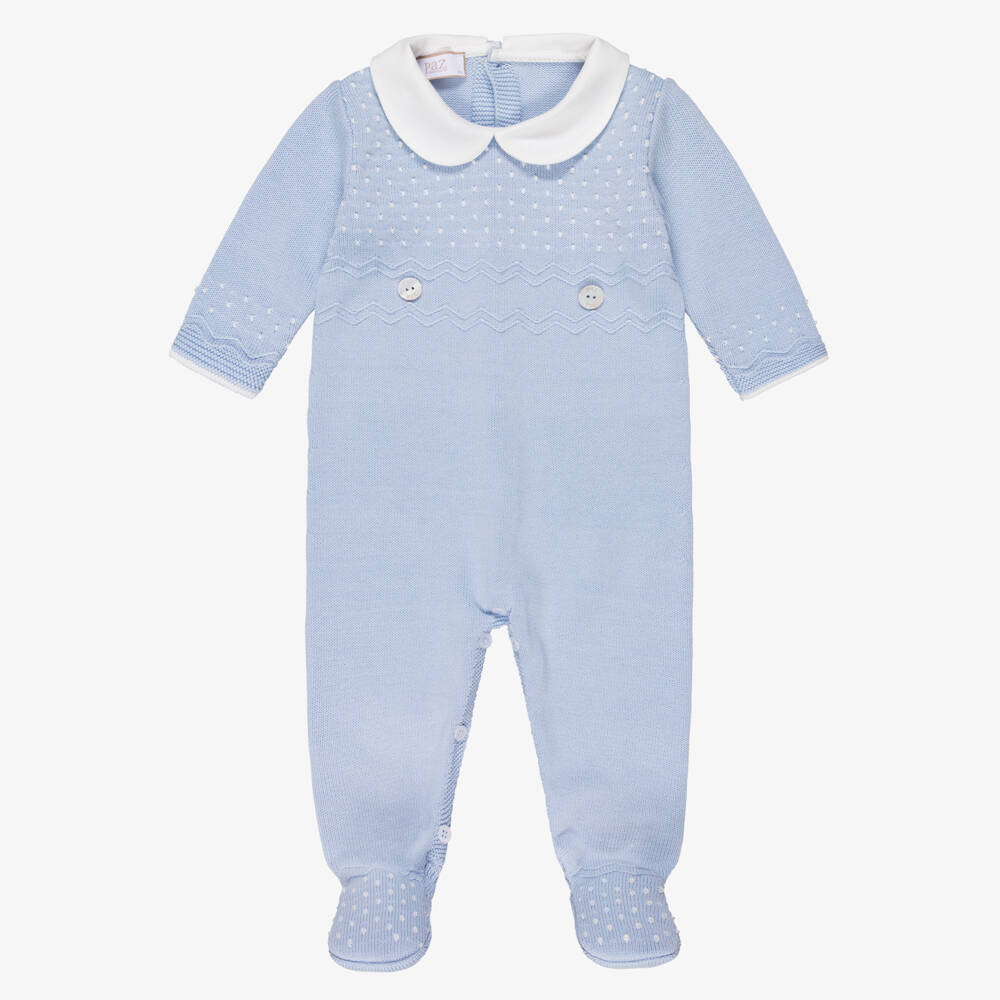 PAZ Rodríguez-Boys Blue Cotton Knit Babygrow with Knot Stitch Detail | Childrensalon Outlet