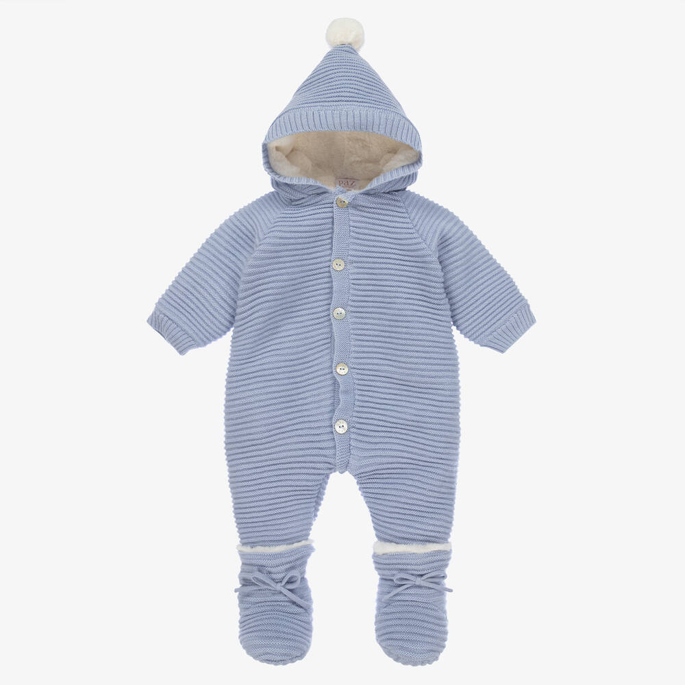 Paz Rodríguez - Boys Blue Cotton Knit Pramsuit & Booties | Childrensalon