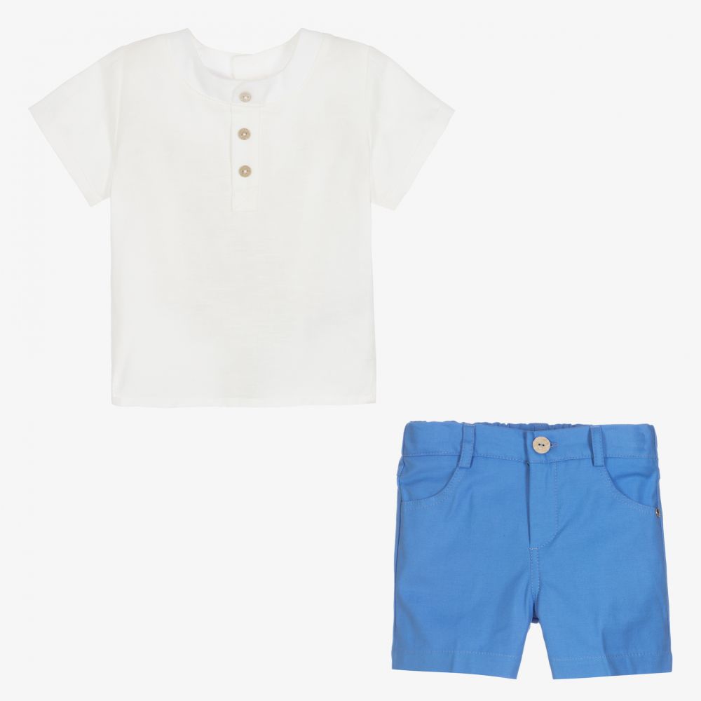 PAZ Rodríguez-طقم شورت أطفال ولادي مزيج قطن وكتان لون أزرق فاقع وعاجي | Childrensalon Outlet