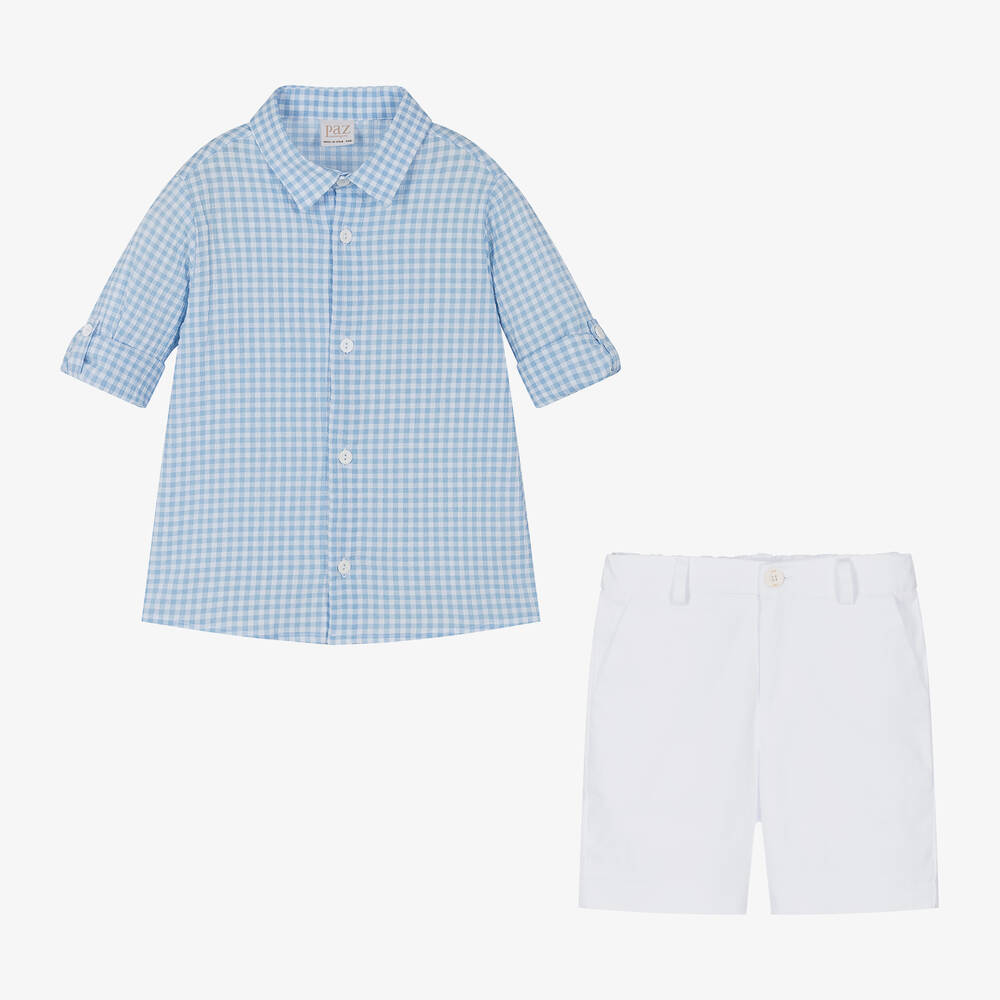 PAZ Rodríguez-Boys Blue Gingham Shirt & White Shorts Set | Childrensalon Outlet