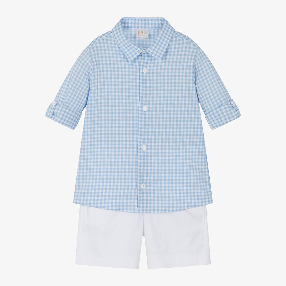 PAZ Rodríguez-Boys Blue Gingham Shirt & White Shorts Set | Childrensalon Outlet