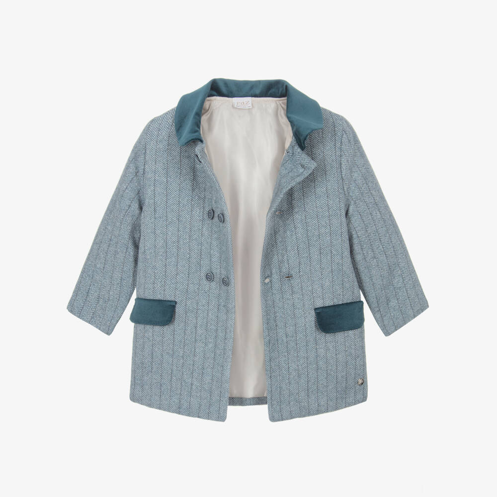 PAZ Rodríguez-Boys Blue Wool Mix & Velvet Trim Coat | Childrensalon Outlet