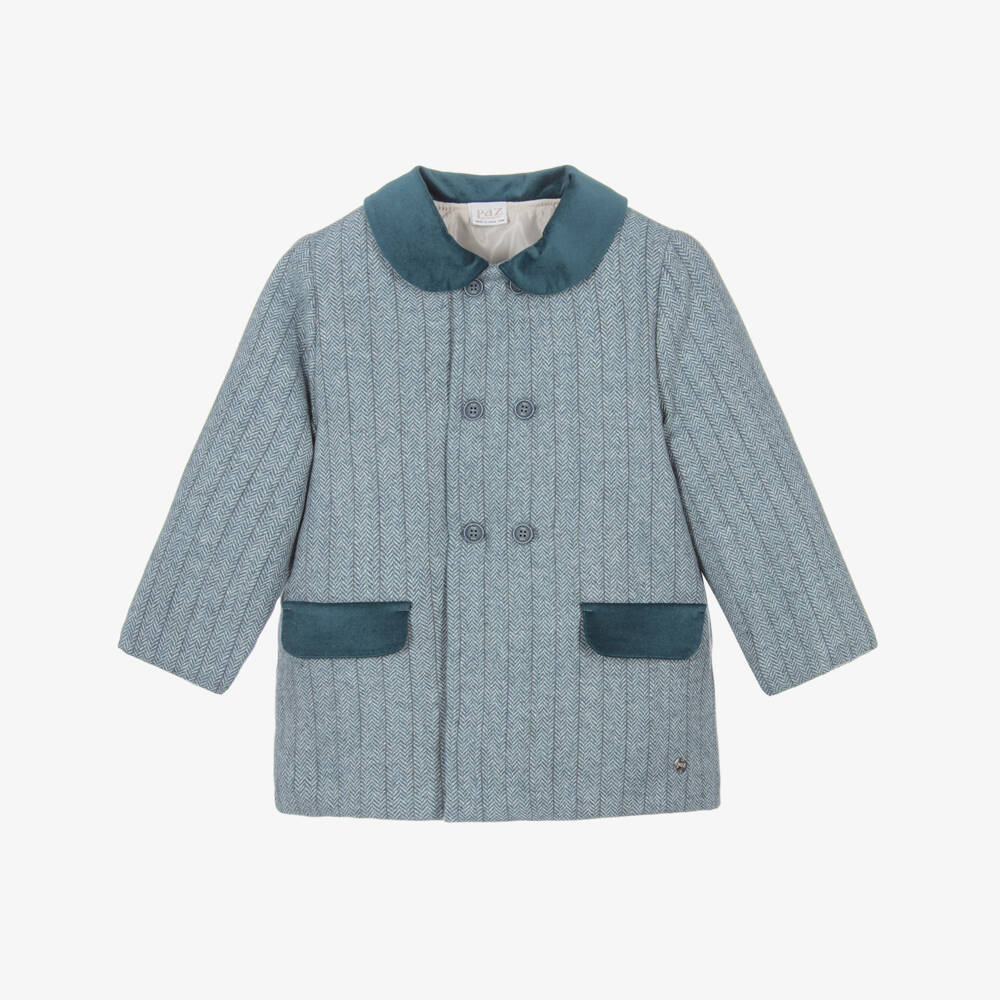 PAZ Rodríguez-Boys Blue Wool Mix & Velvet Trim Coat | Childrensalon Outlet