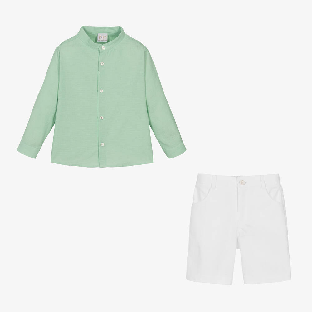 PAZ Rodríguez-طقم شورت قطن لون أبيض وأخضر للأولاد | Childrensalon Outlet