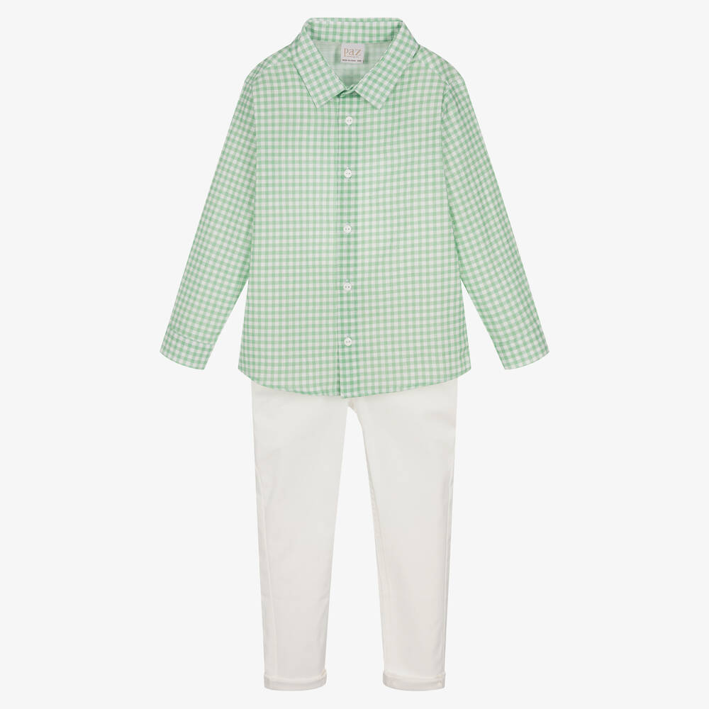 Paz Rodríguez - Зеленая рубашка и белые брюки из хлопка | Childrensalon