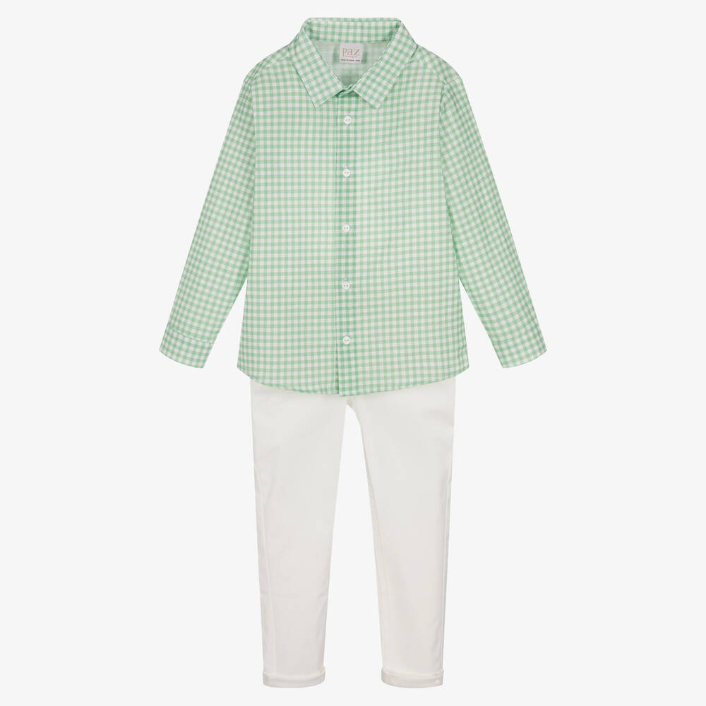 PAZ Rodríguez-Boys Green & White Cotton Trouser Set | Childrensalon Outlet