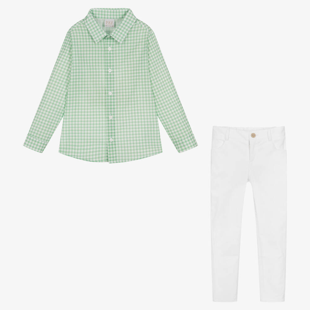 PAZ Rodríguez-طقم بنطلون قطن لون أخضر وأبيض للأولاد | Childrensalon Outlet