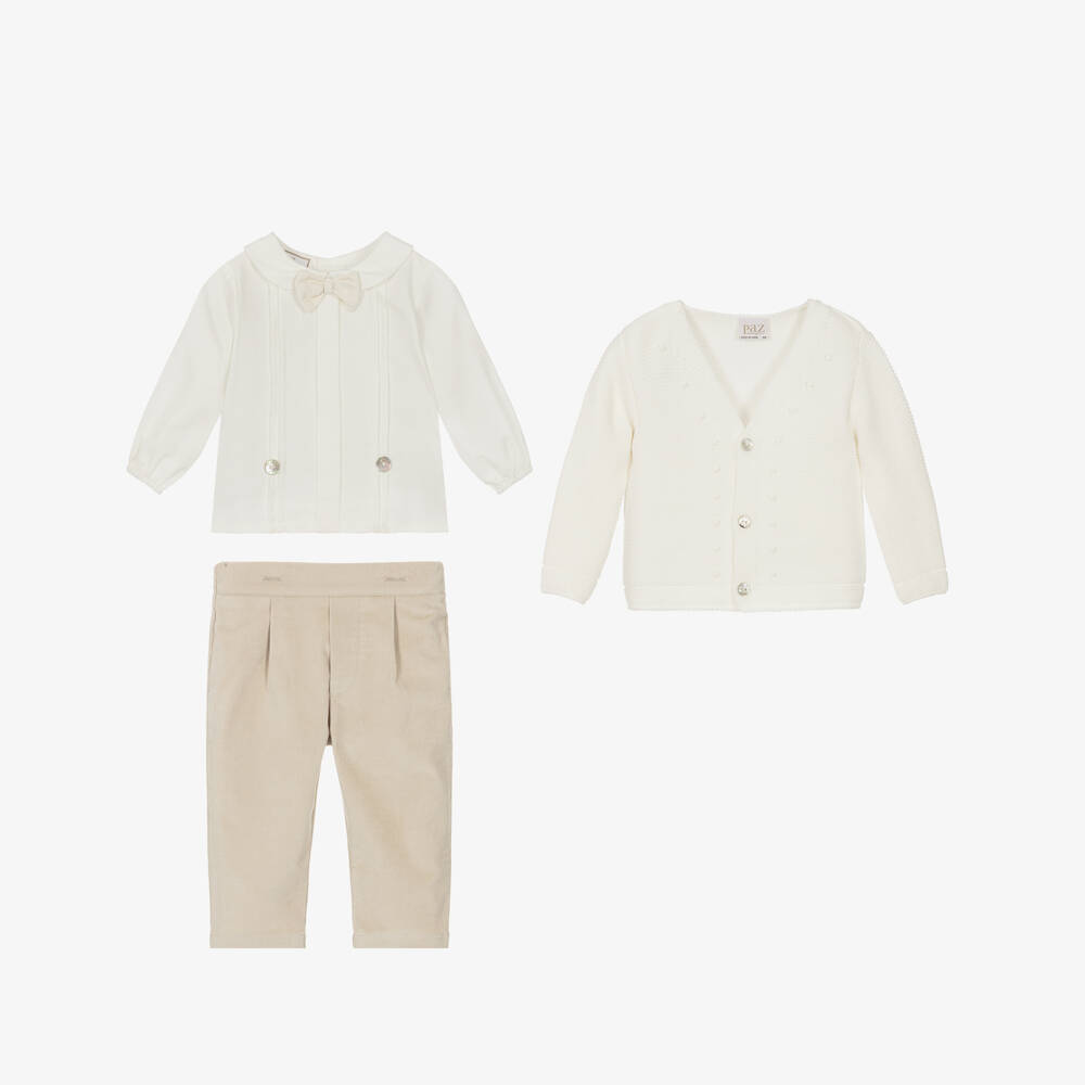 PAZ Rodríguez-Boys Ivory & Beige Cotton Buster Suit Set | Childrensalon Outlet