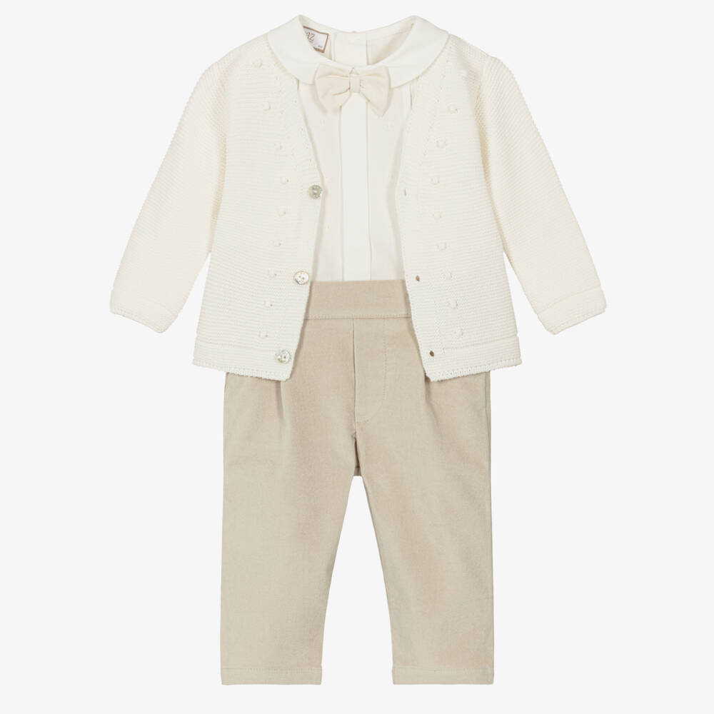 PAZ Rodríguez-Boys Ivory & Beige Cotton Buster Suit Set | Childrensalon Outlet