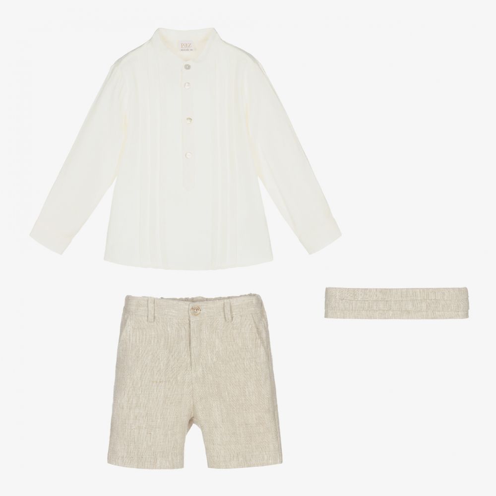 PAZ Rodríguez-طقم شورت مزيج قطن وكتان لون عاجي وبيج للأولاد | Childrensalon Outlet