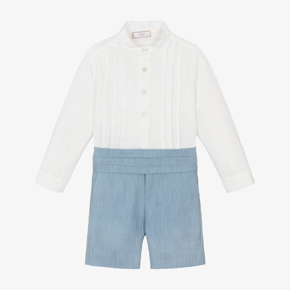 PAZ Rodríguez-Boys Ivory & Blue Linen Shorts Set | Childrensalon Outlet
