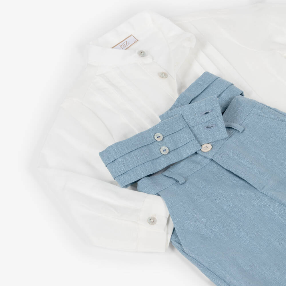 PAZ Rodríguez-Boys Ivory & Blue Linen Shorts Set | Childrensalon Outlet