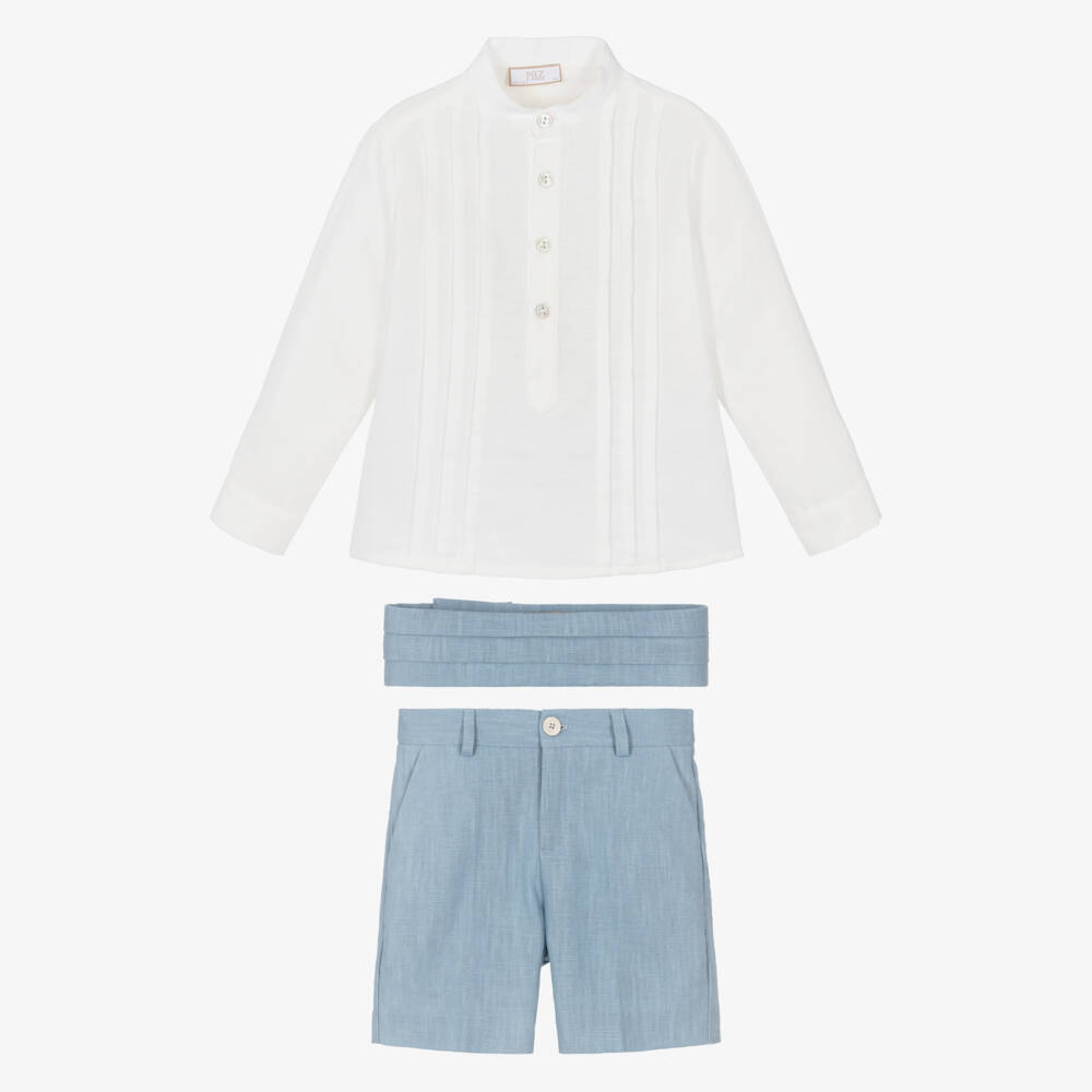 PAZ Rodríguez-Boys Ivory & Blue Linen Shorts Set | Childrensalon Outlet