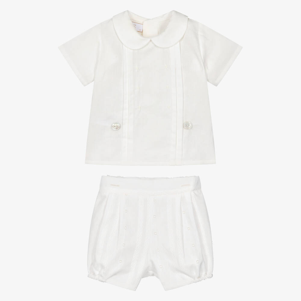 PAZ Rodríguez-Boys Ivory Embroidered Cotton Buster Suit | Childrensalon Outlet