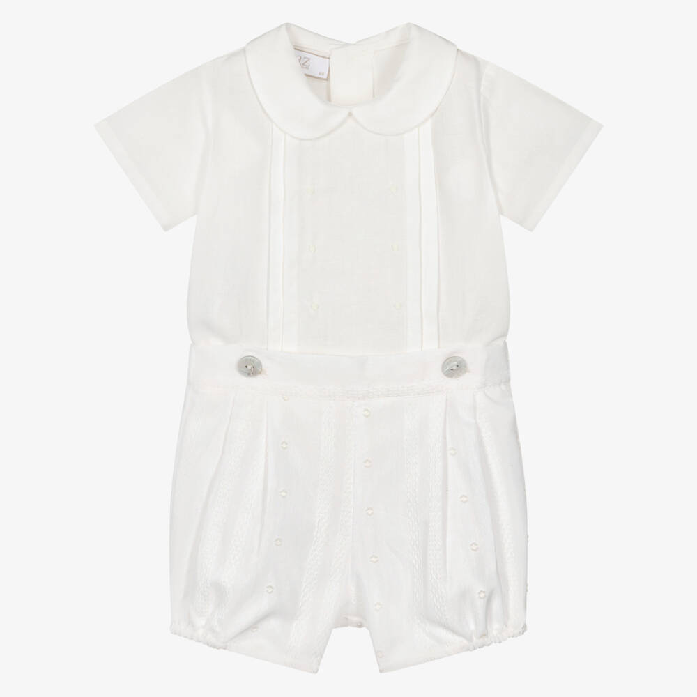 PAZ Rodríguez-Boys Ivory Embroidered Cotton Buster Suit | Childrensalon Outlet
