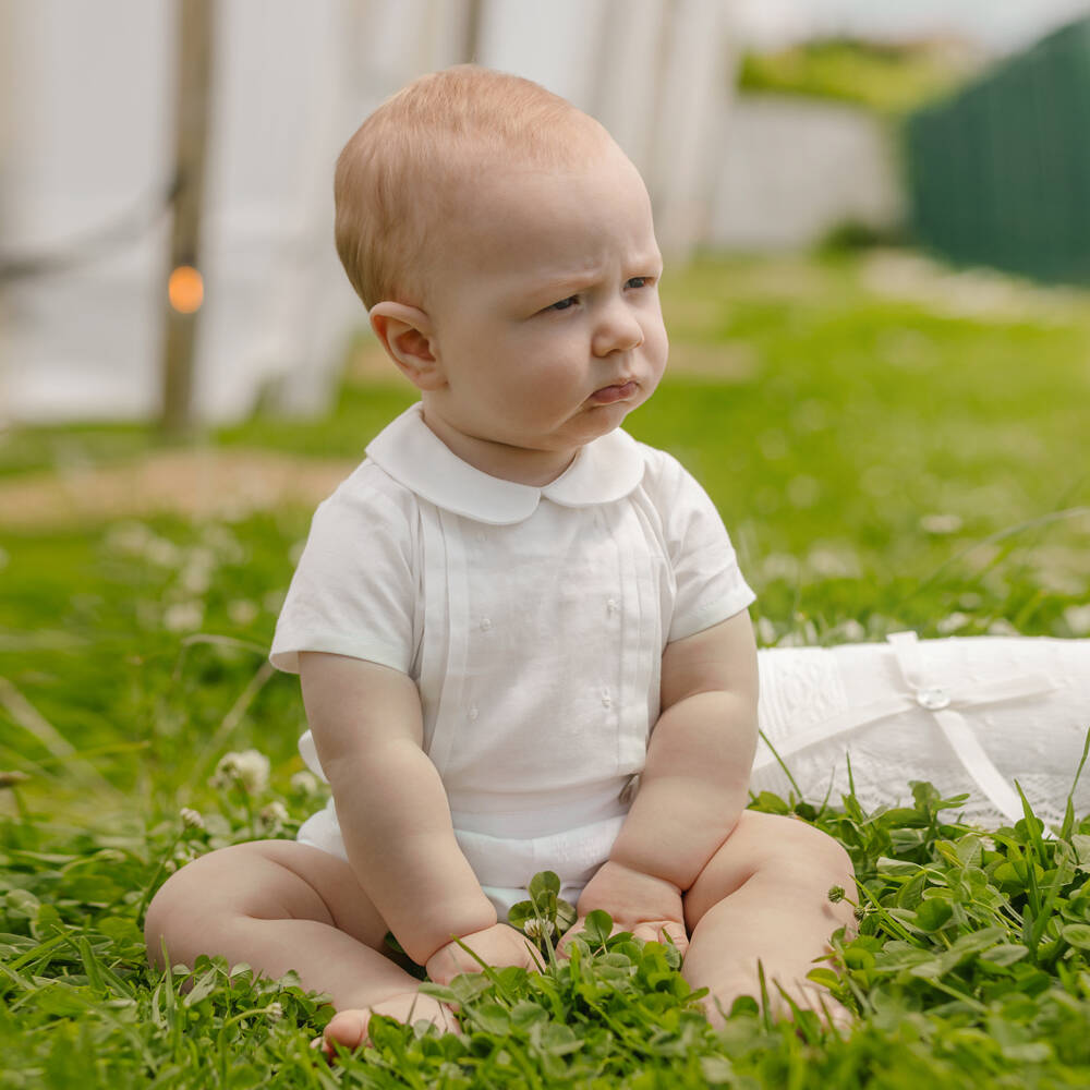 PAZ Rodríguez-Boys Ivory Embroidered Cotton Buster Suit | Childrensalon Outlet