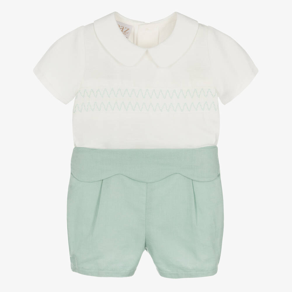 PAZ Rodríguez-Boys Ivory & Green Cotton Buster Suit | Childrensalon Outlet