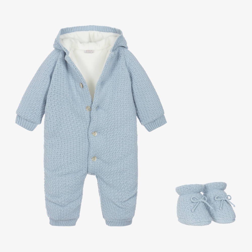 PAZ Rodríguez-Boys Knitted Blue Pramsuit Set | Childrensalon Outlet