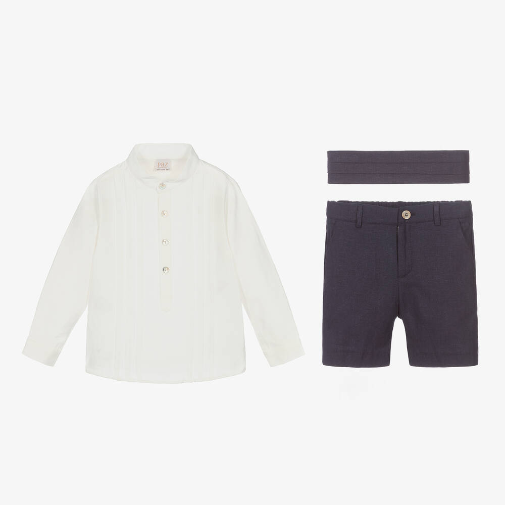 PAZ Rodríguez-Boys Navy Blue & White Linen Shorts Set | Childrensalon Outlet