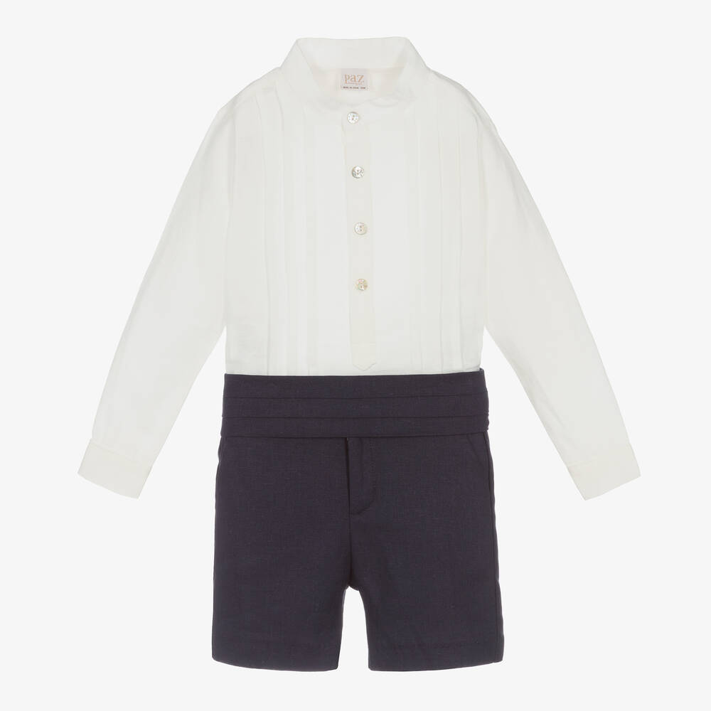 Paz Rodríguez - Boys Navy Blue & White Linen Shorts Set | Childrensalon