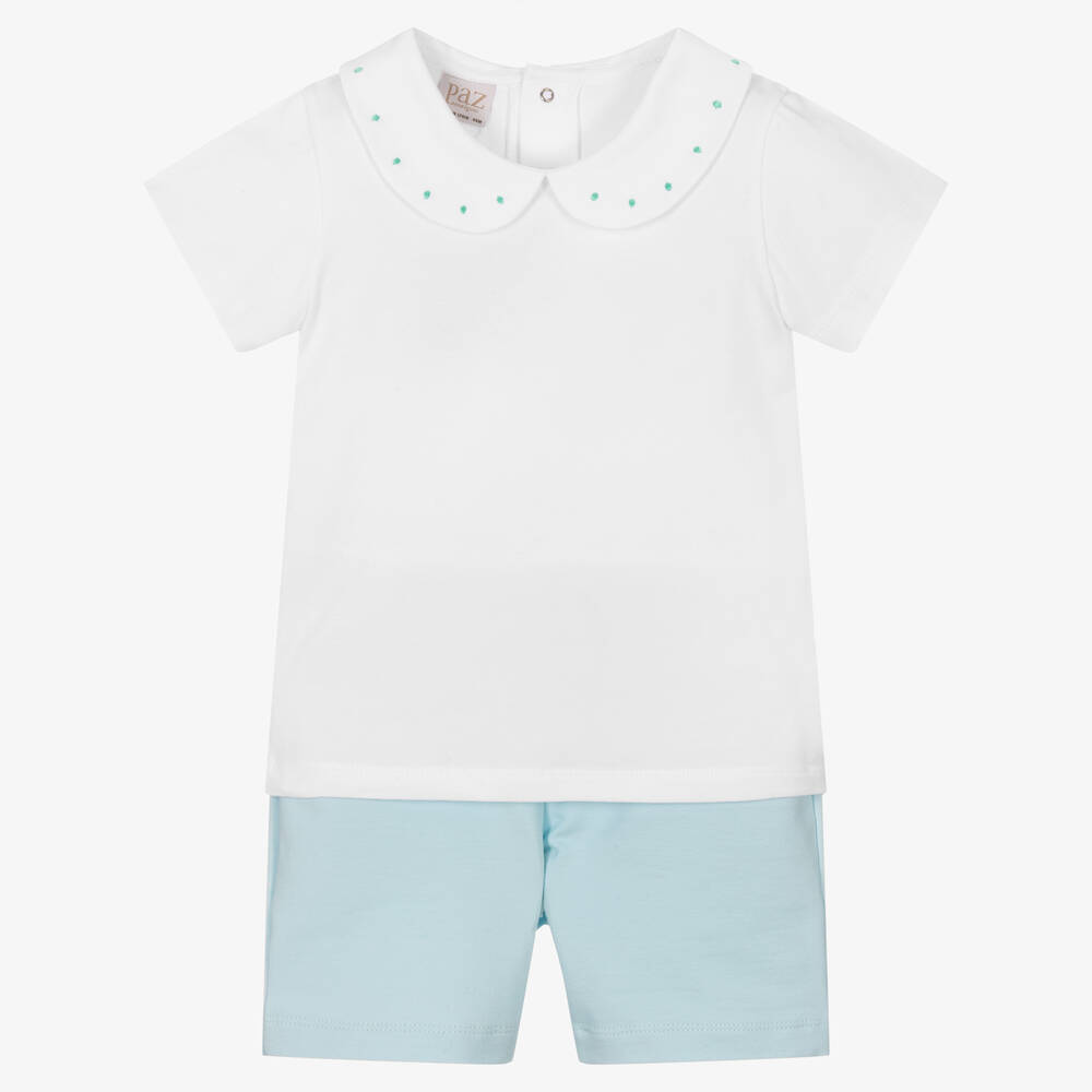 Paz Rodríguez - Boys White & Blue Cotton Shorts Set | Childrensalon