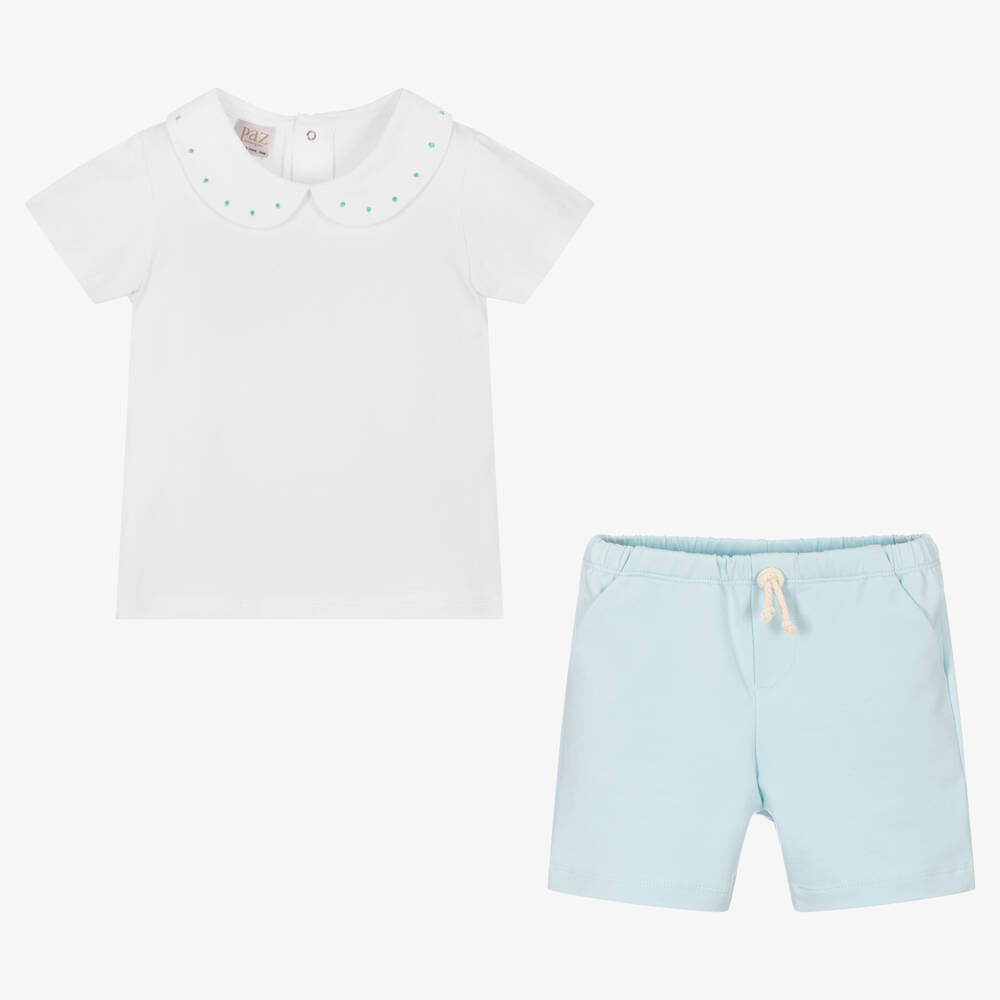 PAZ Rodríguez-طقم شورت قطن جيرسي لون أبيض وأزرق للأولاد | Childrensalon Outlet