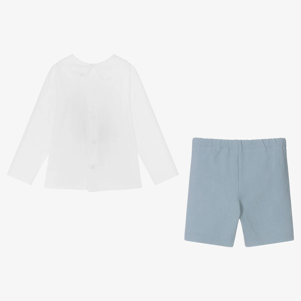 PAZ Rodríguez-طقم شورت قطن وجاكارد لون أبيض وأزرق للأولاد | Childrensalon Outlet
