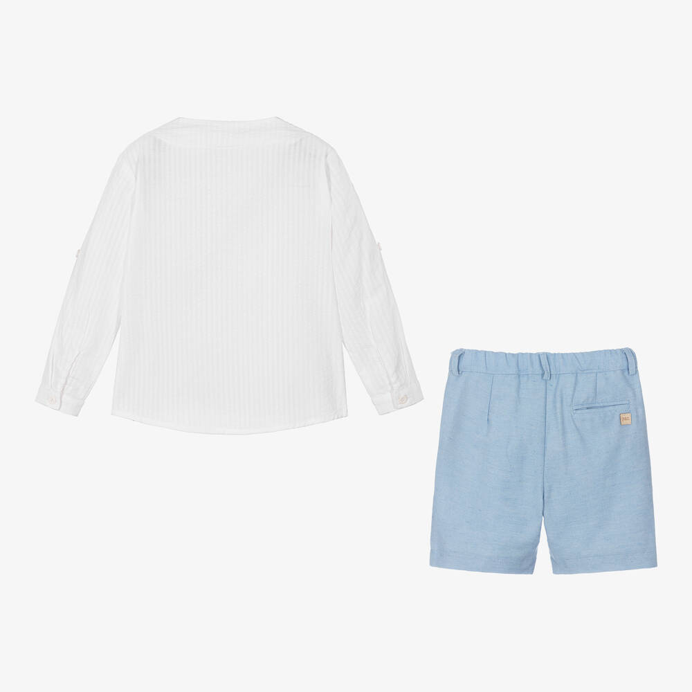 PAZ Rodríguez-طقم شورت قطن سيرسوكر لون أبيض وأزرق للأولاد | Childrensalon Outlet