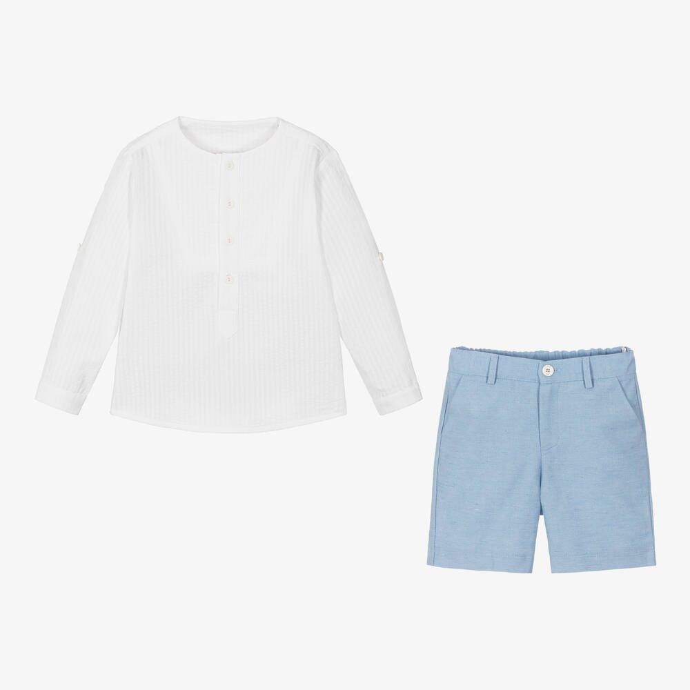 PAZ Rodríguez-طقم شورت قطن سيرسوكر لون أبيض وأزرق للأولاد | Childrensalon Outlet