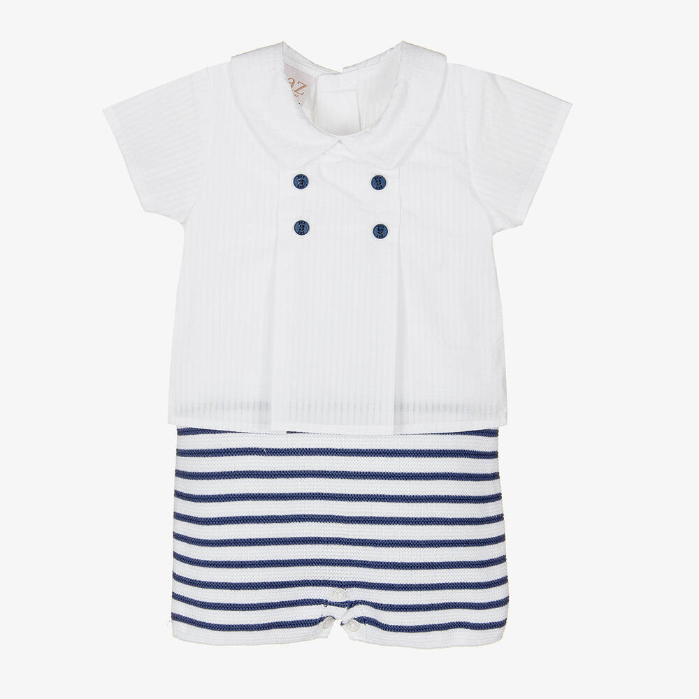 Paz Rodríguez - Boys White & Blue Striped Shortie | Childrensalon