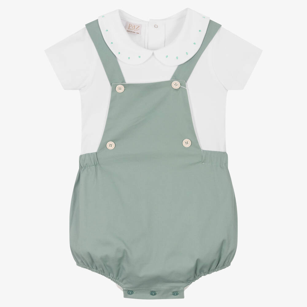 Paz Rodríguez - Boys White & Sage Green Dungarees Set | Childrensalon