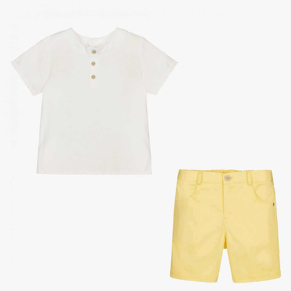 PAZ Rodríguez-طقم شورت أطفال ولادي مزيج قطن وكتان لون أصفر وأبيض | Childrensalon Outlet