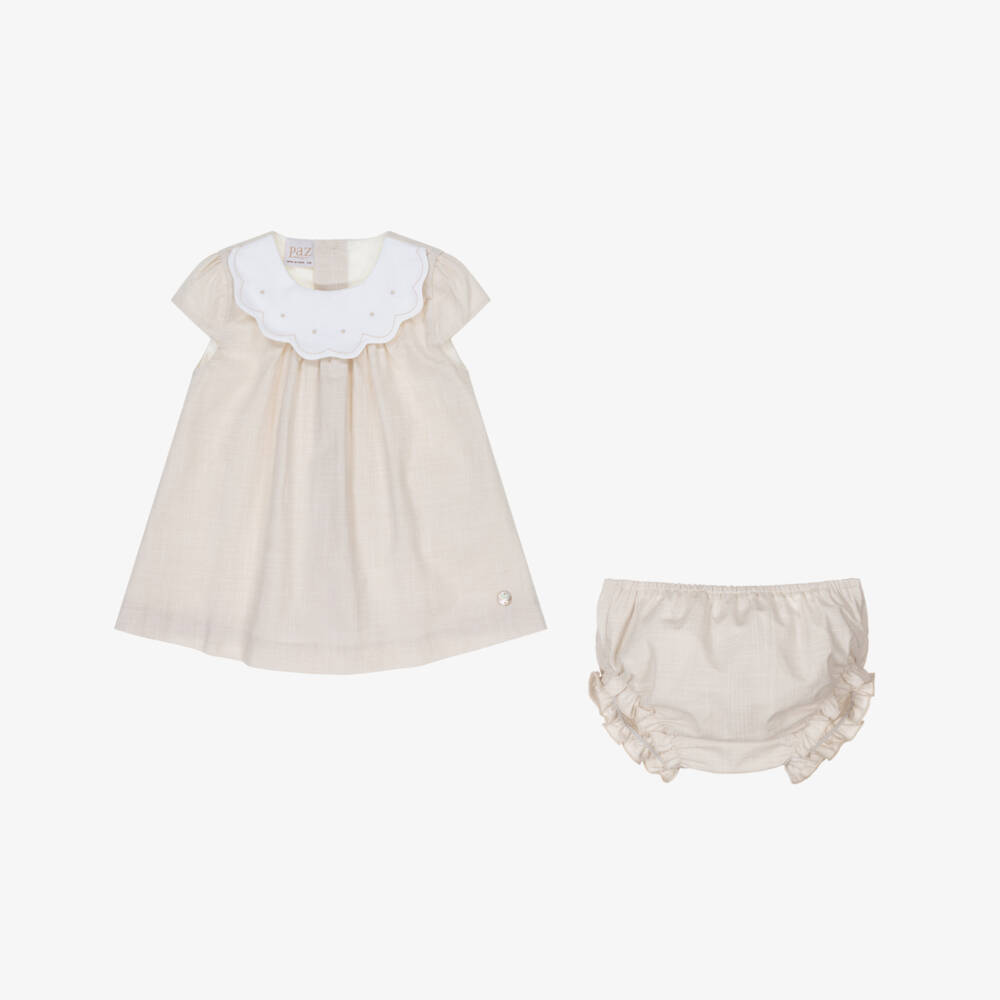 PAZ Rodríguez-Girls Beige Cotton Dress with Scalloped Collar | Childrensalon Outlet