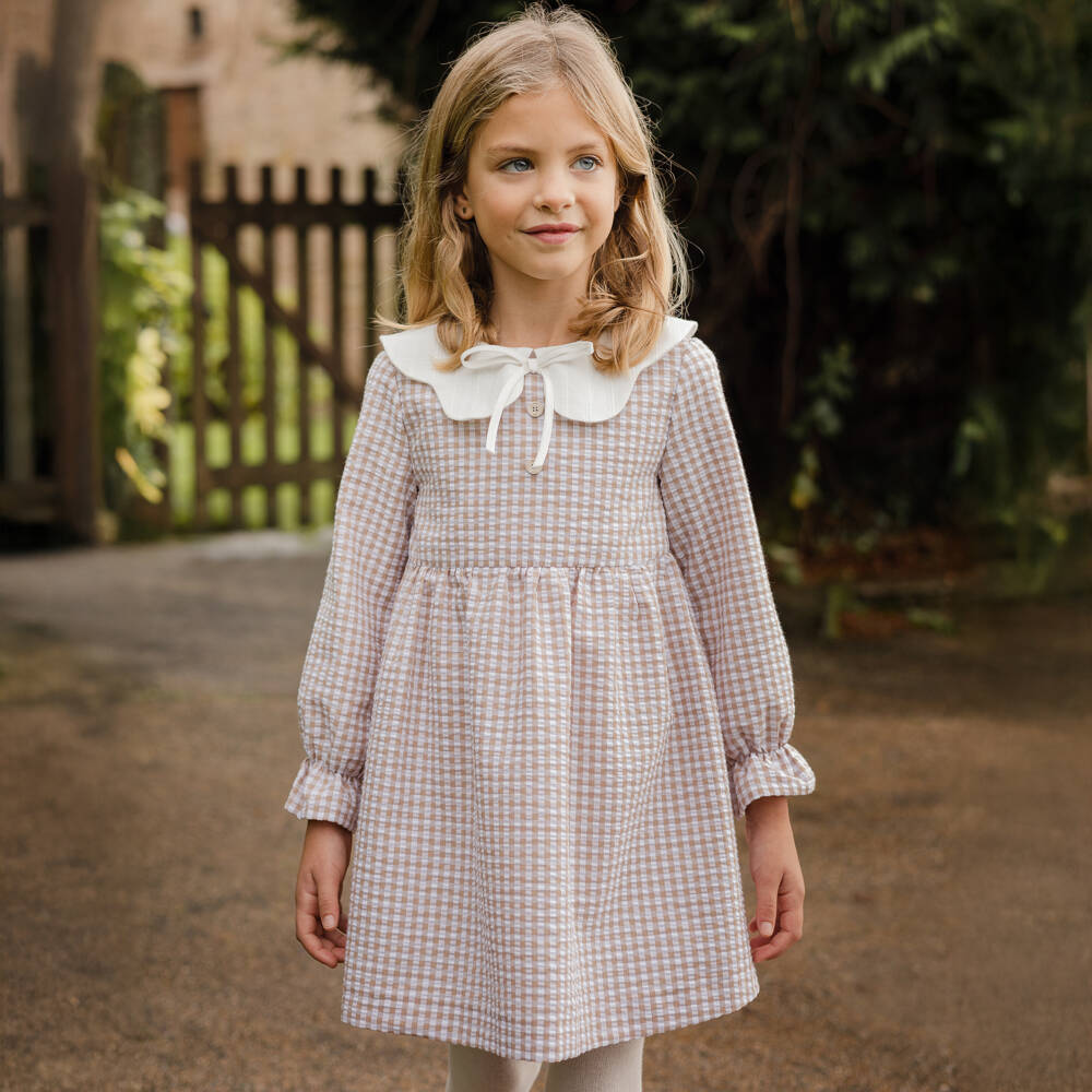 PAZ Rodríguez- Girls Beige Gingham Check Seersucker Dress | Childrensalon Outlet