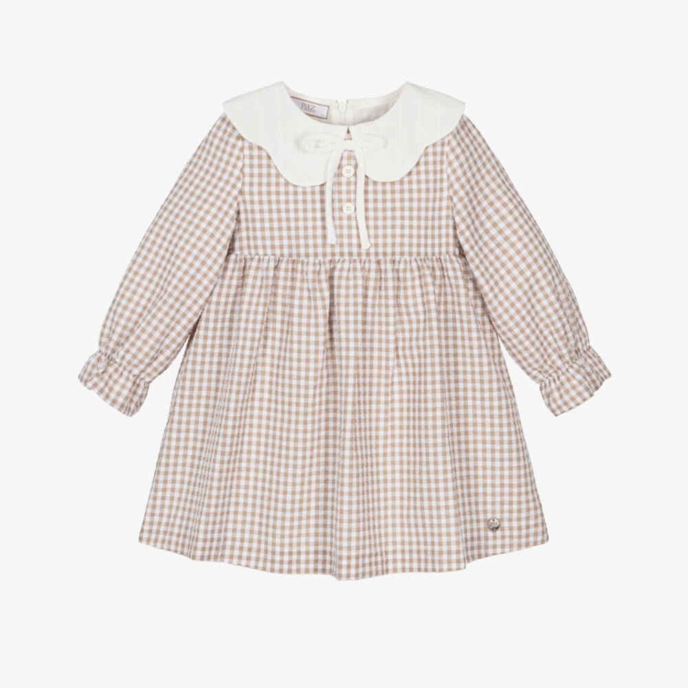 PAZ Rodríguez- Girls Beige Gingham Check Seersucker Dress | Childrensalon Outlet
