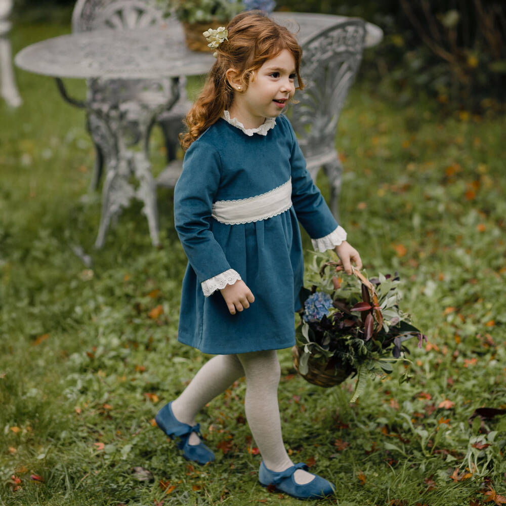 PAZ Rodríguez-Girls Blue Velvet Dress with Ivory Trim | Childrensalon Outlet