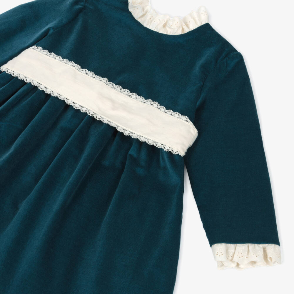 PAZ Rodríguez-Girls Blue Velvet Dress with Ivory Trim | Childrensalon Outlet