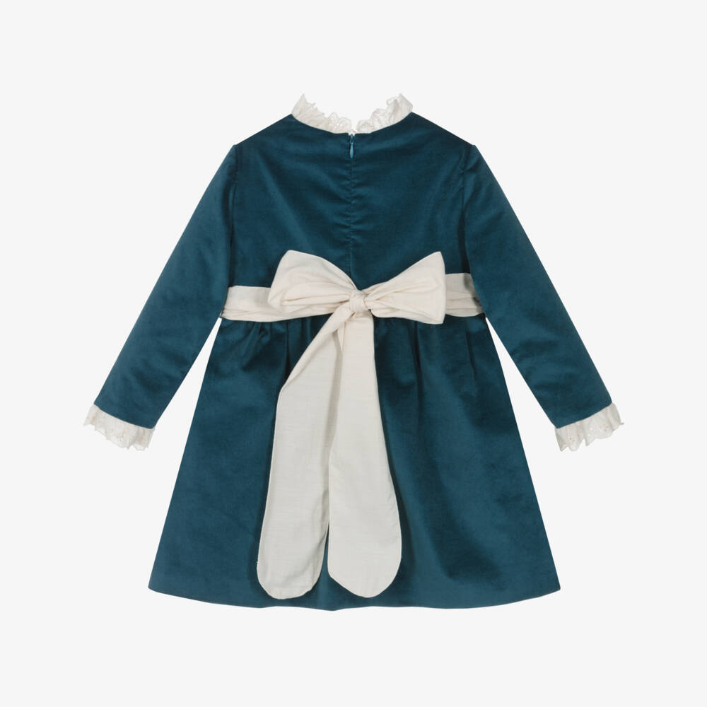 PAZ Rodríguez-Girls Blue Velvet Dress with Ivory Trim | Childrensalon Outlet