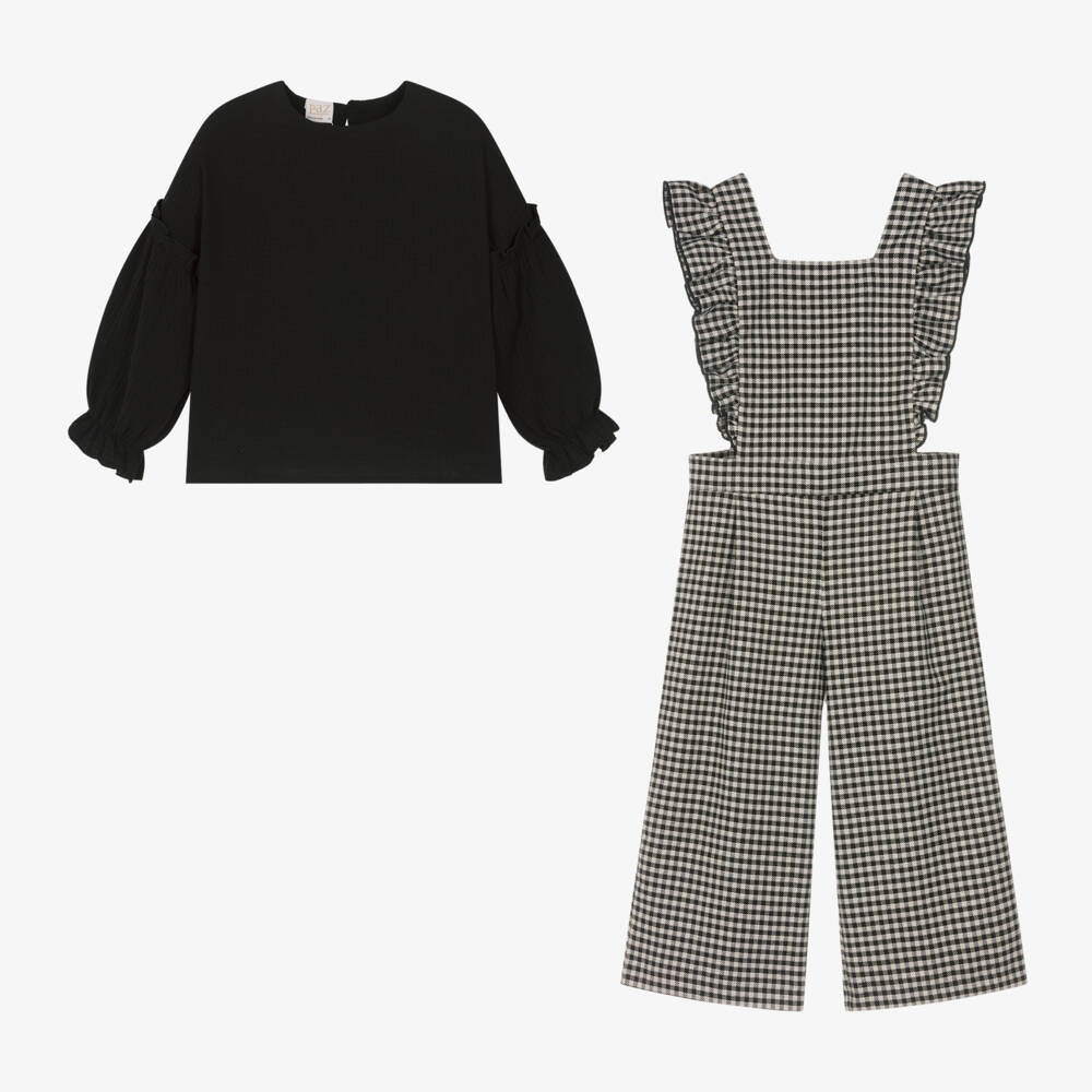 PAZ Rodríguez-Girls Checked Black Jumpsuit Ensemble | Childrensalon Outlet