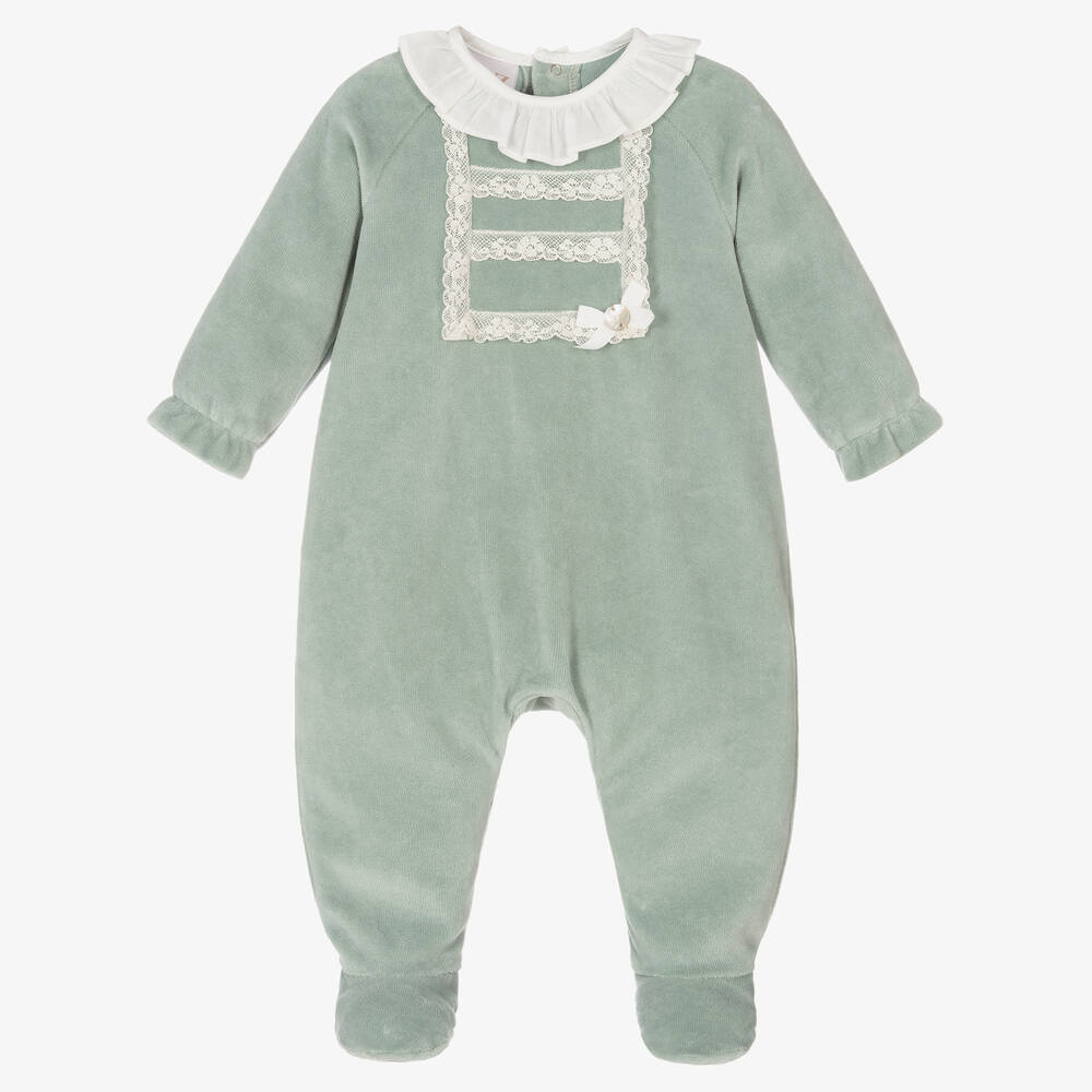 Paz Rodríguez - Girls Green Velour Babygrow  | Childrensalon