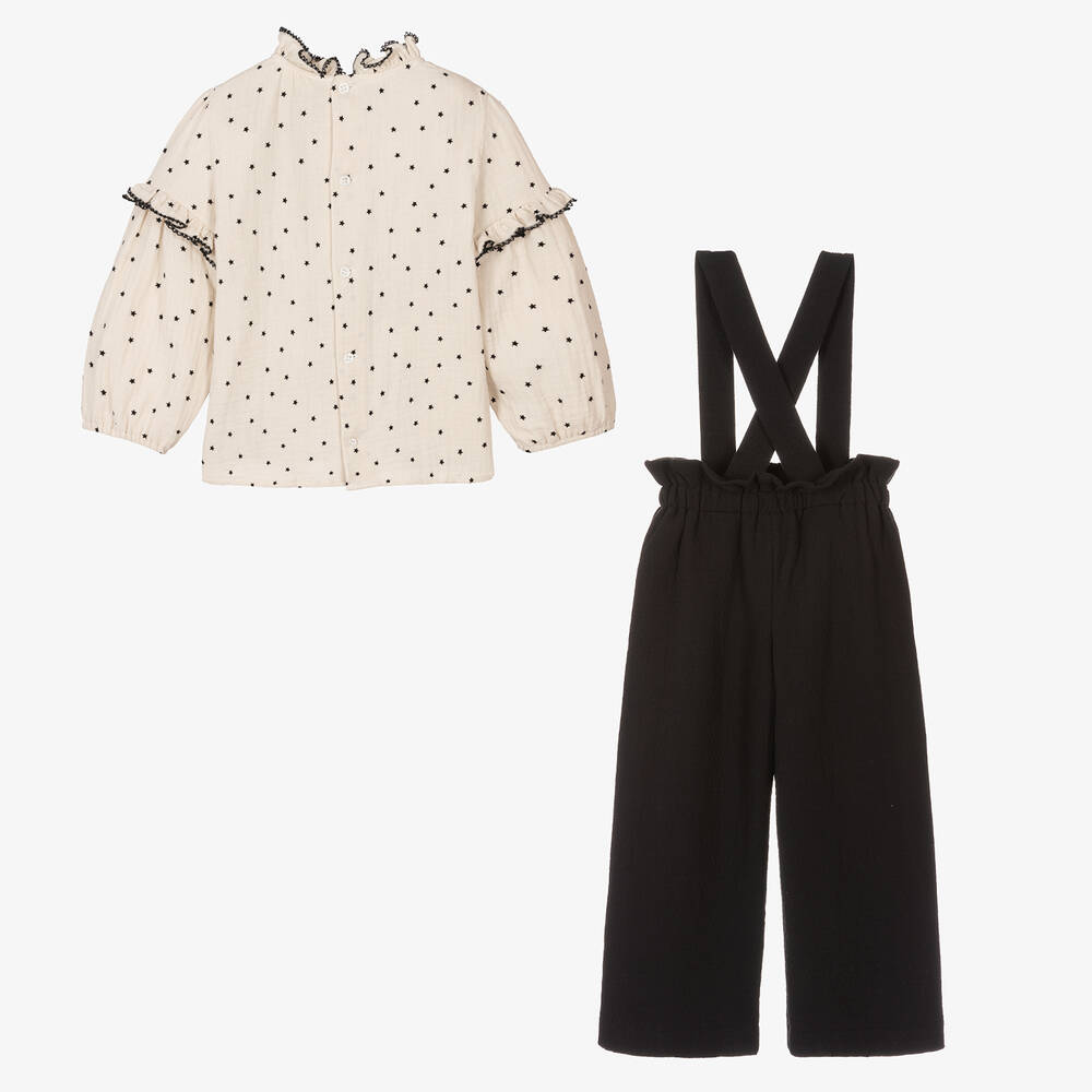 PAZ Rodríguez-Кремовая блузка и черный полукомбинезон из хлопка | Childrensalon Outlet
