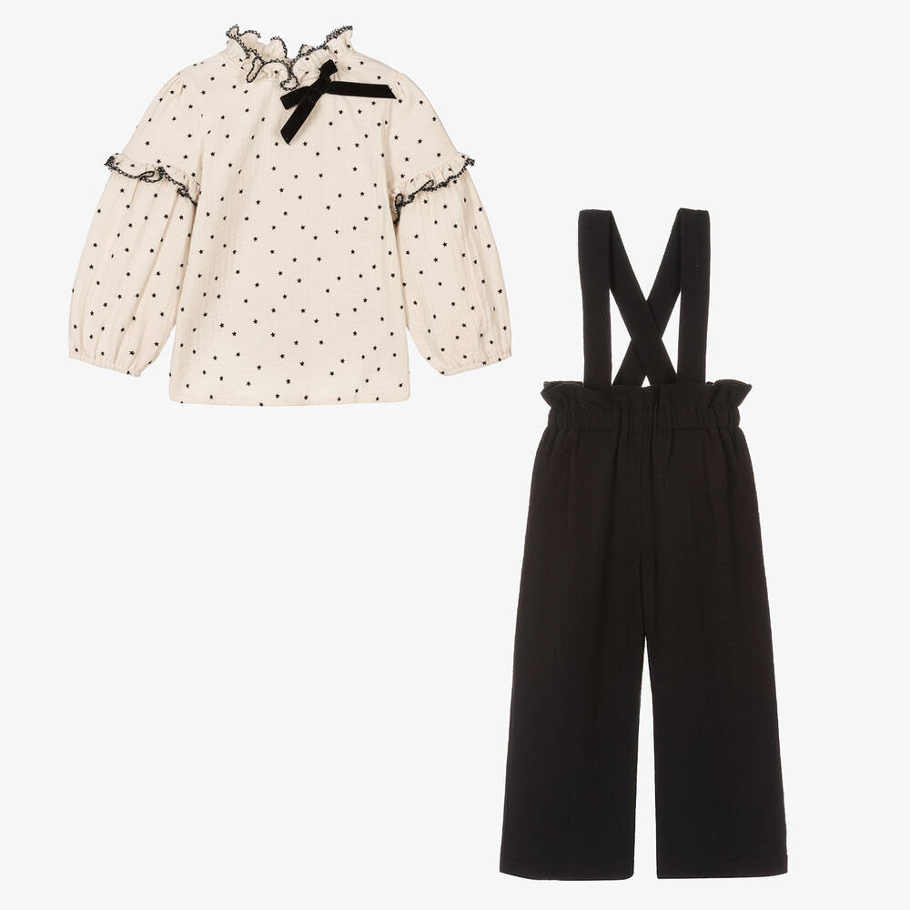 PAZ Rodríguez-Кремовая блузка и черный полукомбинезон из хлопка | Childrensalon Outlet