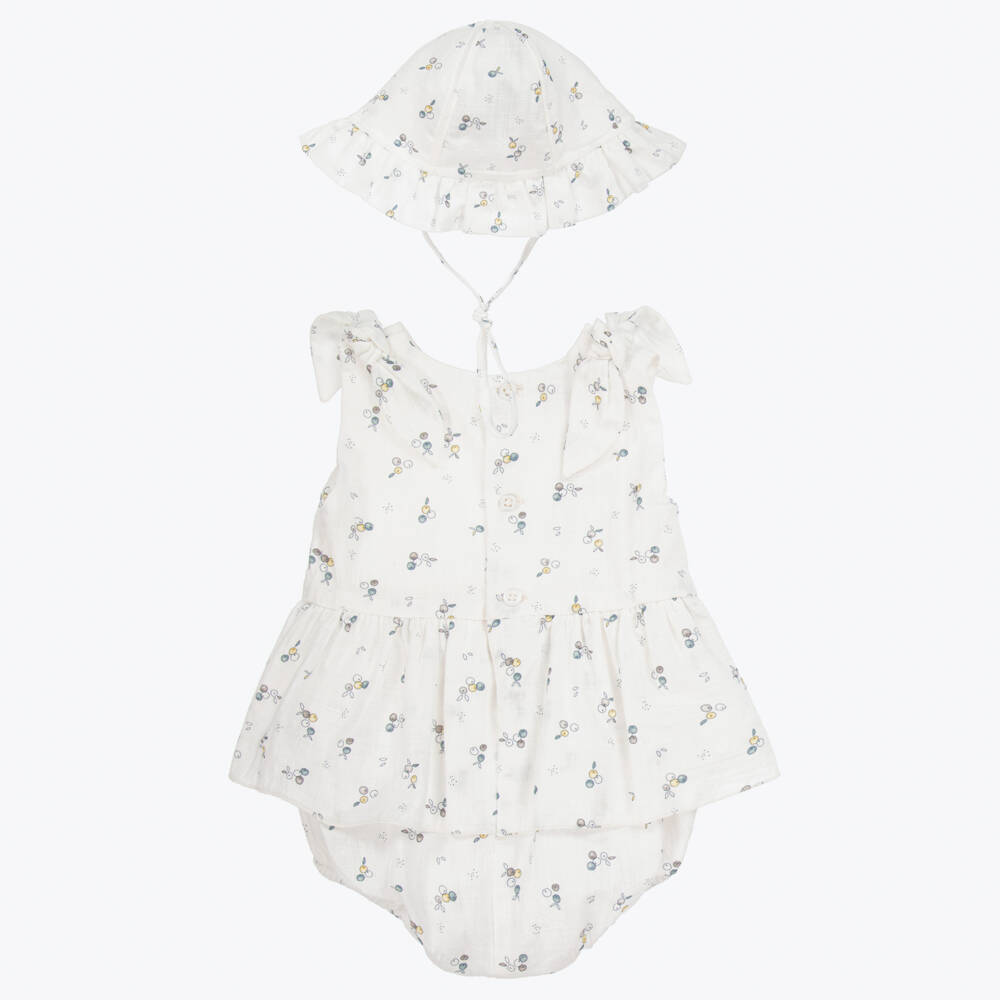 PAZ Rodríguez-طقم بناتي قصير من القطن العاجي مع قبعة شمس | Childrensalon Outlet