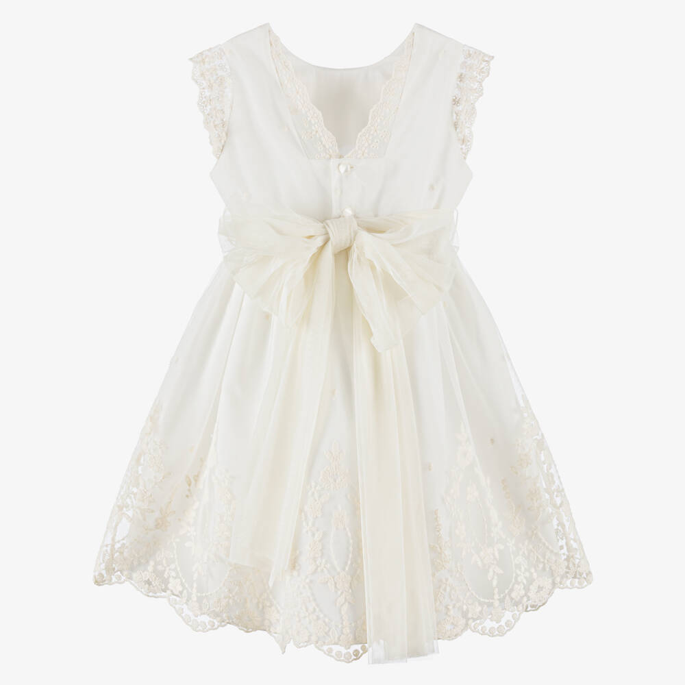 PAZ Rodríguez-Girls Ivory Embroidered Tulle Dress with Sash | Childrensalon Outlet