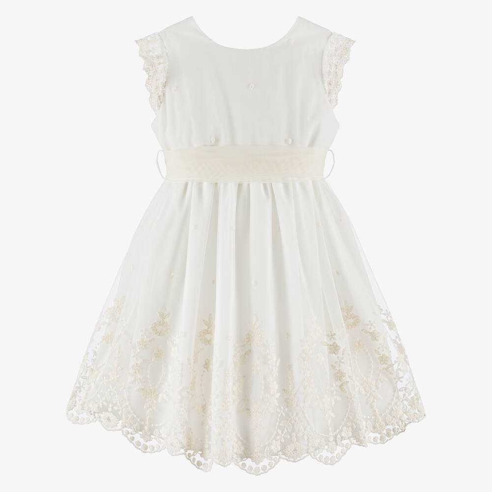 PAZ Rodríguez-Girls Ivory Embroidered Tulle Dress with Sash | Childrensalon Outlet