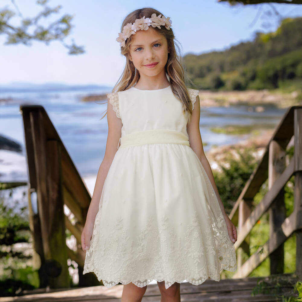 PAZ Rodríguez-Girls Ivory Embroidered Tulle Dress with Sash | Childrensalon Outlet