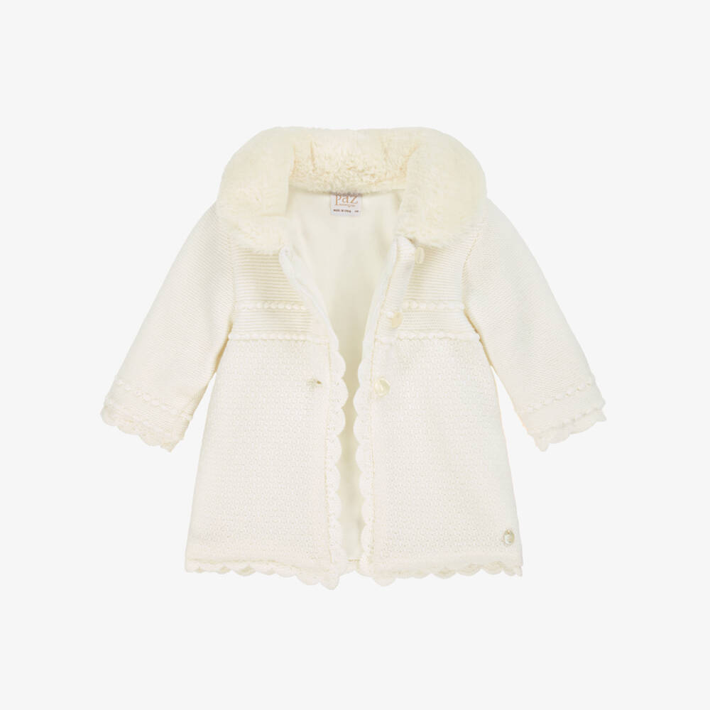 PAZ Rodríguez-Girls Ivory Knitted Coat with Faux Fur Collar | Childrensalon Outlet