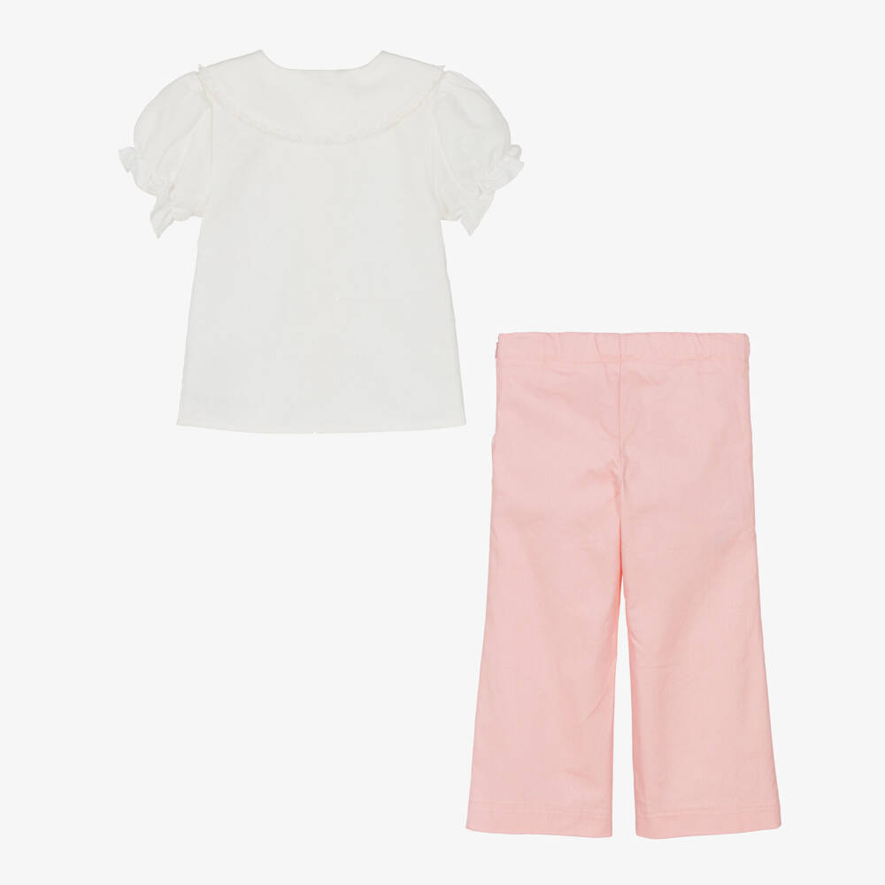 PAZ Rodríguez-Girls Ivory & Pink Trouser Set with Floral Embroidery | Childrensalon Outlet