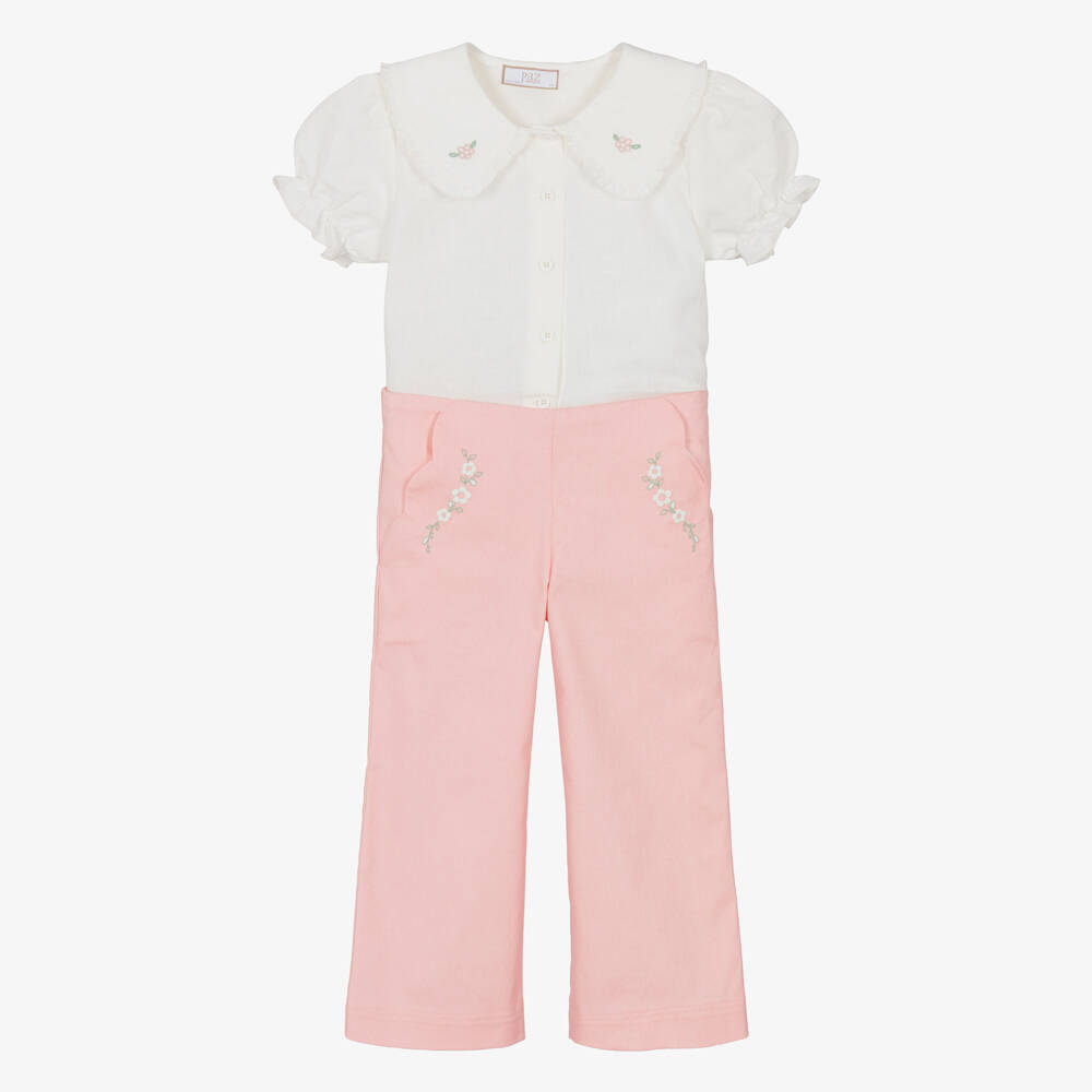 PAZ Rodríguez-Girls Ivory & Pink Trouser Set with Floral Embroidery | Childrensalon Outlet