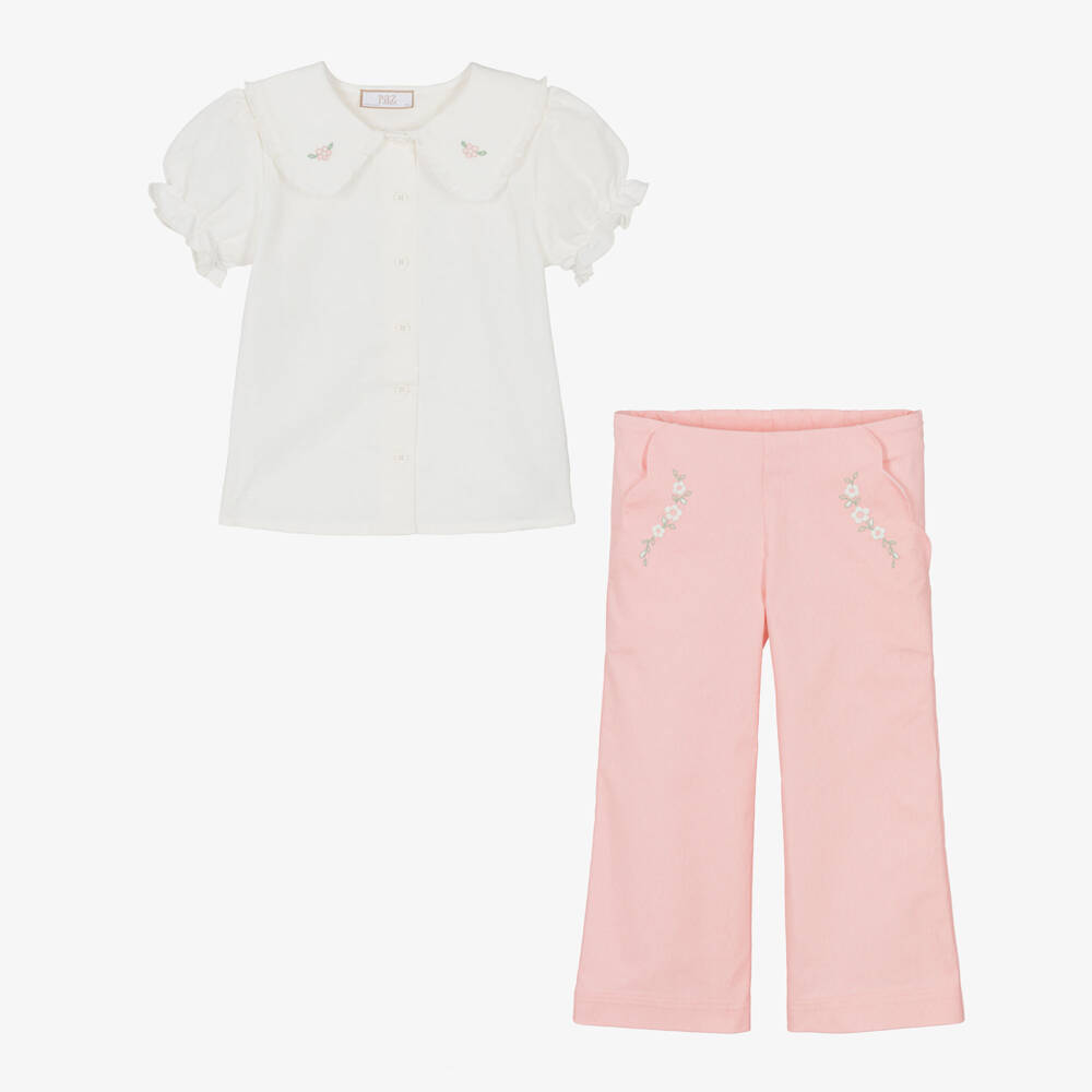 PAZ Rodríguez-Girls Ivory & Pink Trouser Set with Floral Embroidery | Childrensalon Outlet